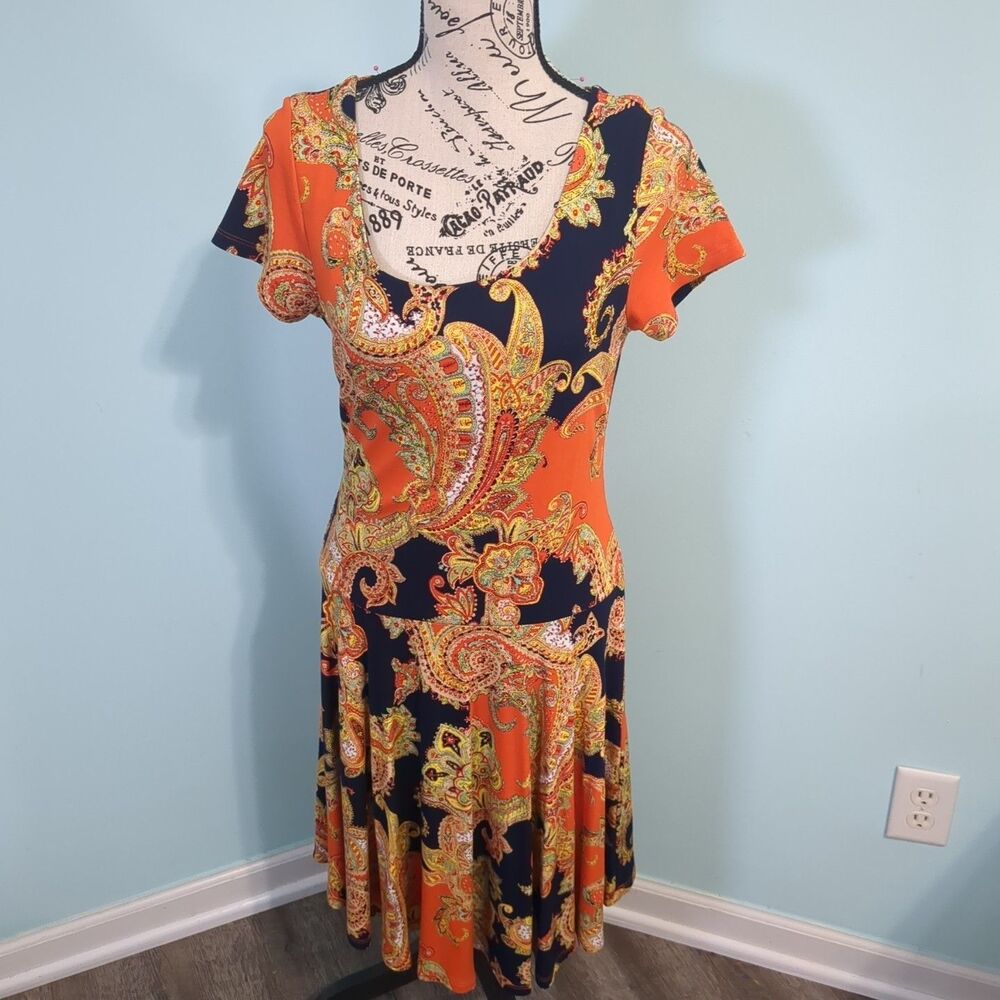 Lauren RL Royal Paisley Dress Size PM Short Sleeve Drops waist Skater Stretch